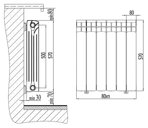 Радиатор биметаллический 6 секций нижнее правое подключение Rifar Base Ventil 500 RBVR50006