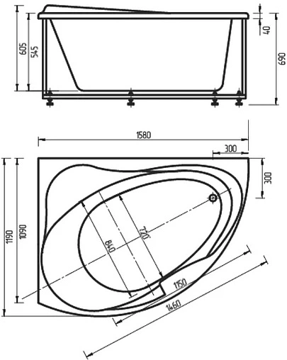 Ванна акриловая Aquatek Альтаир 158x119 L с фронтальной панелью с каркасом (вклеенный) ALT160-0000067