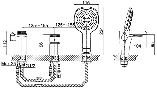 Смеситель на борт ванны на 3 отверстия D&amp;K Berlin Steinbeis белый/хром DA1434216