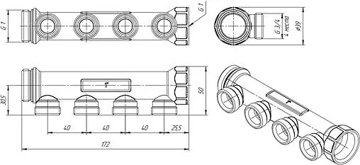 Коллектор распределительный проходной 4 отвода 1&quot;в/н x ¾&quot;ек Valtec VTc.500.NE.060504