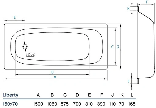 Ванна стальная Koller Pool Liberty 150х70 белый B50C2200E