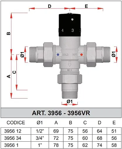 Трехходовой термостатический смесительный клапан ½&quot; +25...+65°С Kvs 2.2 Far Termo FA 3956 12