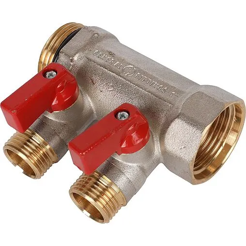 Коллектор запорный проходной 2 отвода красный 1"в/н x ½"н Stout SMB 6210 011202