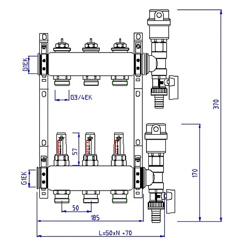 Группа коллекторная с расходомерами 6 отводов 1&quot;в/в x ¾&quot;ек Valtec VTc.589.EMNX.0606