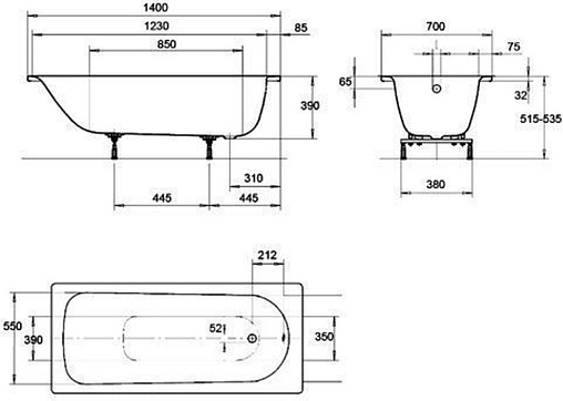 Ванна стальная Kaldewei Saniform Plus 140x70 mod. 360-1 anti-slip белый 111530000001