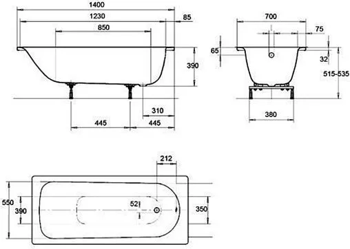 Ванна стальная Kaldewei Saniform Plus 140x70 mod. 360-1 anti-slip (полный) белый 111534010001