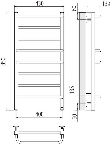 Полотенцесушитель электрический лесенка Terminus Евромикс квадро П8 400х850 электро quick touch полированная сталь 4670078531247
