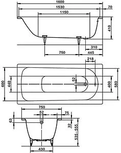 Ванна стальная Kaldewei Saniform Plus Star 160x75 mod. 333 standard с отв. для ручек белый 133300010001 Ванна стальная Kaldewei Saniform Plus Star 160x75 mod. 333 standard с отв. для ручек белый 133300010001, 2