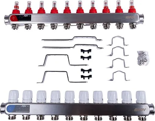 Группа коллекторная с расходомерами 10 отводов 1&quot;в/в x ¾&quot;ек FDV S1101A-1/10