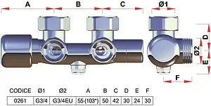 Узел нижнего подключения радиатора с байпасом терморегулирующий угловой ¾"ек x ¾"ек LadyFAR серебро FL 0261 3434 Узел нижнего подключения радиатора с байпасом терморегулирующий угловой ¾"ек x ¾"ек LadyFAR серебро FL 0261 3434, 2