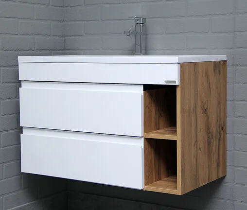 Тумба под умывальник подвесной Домино Frost 80 белый/дуб вотан DF3402T
