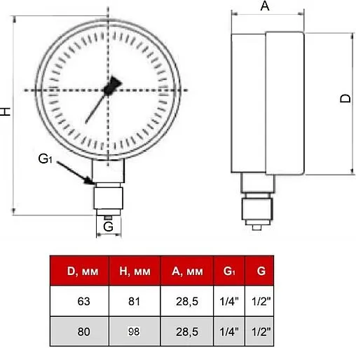 Термоманометр радиальный STI 63мм 6 бар 120°С ½&quot; ТМР63-12-06УП