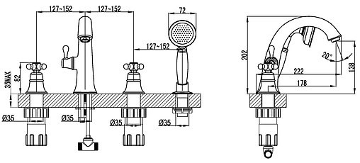 Смеситель на борт ванны на 4 отверстия Lemark Vintage бронза/белый LM2841B