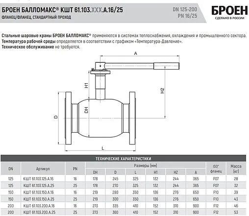 Кран шаровый фланцевый Ду125 Ру16 Broen БАЛЛОМАКС КШТ 61.103.125.А.16
