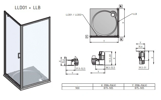 Душевое ограждение 900x900мм прозрачное/матовое стекло Roltechnik Lega Line LLDO1+LLB/900 551-9000000-00-21+553-9000000-00-21