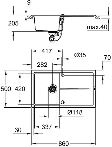 Мойка кухонная Grohe K400-86 серый гранит 31640AT0