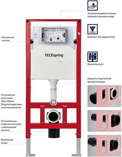 Инсталляция для подвесного унитаза Set 4 в 1 TECEspring R K955101 с кнопкой хром глянцевый