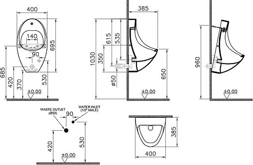 Писсуар с сенсорным смывом от батареи VitrA Arkitekt белый 4106B003-5597