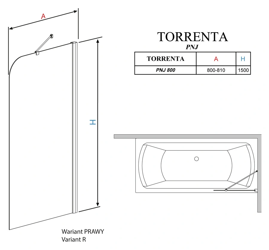 Шторка на ванну 800мм прозрачное стекло Radaway Torrenta PNJ PNJ 80 R 201101-101NR