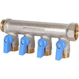 Коллектор запорный проходной 4 отвода синий ¾"в/н x ½"н Stout SMB 6211 341204 Коллектор запорный проходной 4 отвода синий ¾"в/н x ½"н Stout SMB 6211 341204, 1