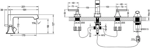 Смеситель на борт ванны на 4 отверстия Villeroy&amp;Boch Classic хром TVT10100100061