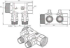 Коллектор запорный проходной 2 отвода 1"в/н x ½"к Valtec VTc.580.N.0602 Коллектор запорный проходной 2 отвода 1"в/н x ½"к Valtec VTc.580.N.0602, 2