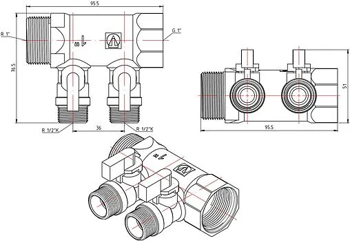 Коллектор запорный проходной 2 отвода 1"в/н x ½"к Valtec VTc.580.N.0602 Коллектор запорный проходной 2 отвода 1"в/н x ½"к Valtec VTc.580.N.0602