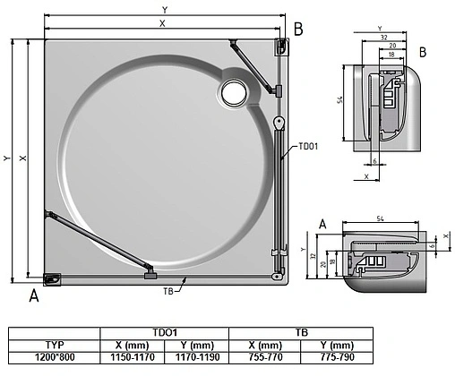 Душевое ограждение 1200x800мм прозрачное стекло Roltechnik Tower Line TDO1+TB/1200*800 724-1200000-00-02+725-8000000-00-02
