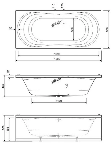 Ванна акриловая Cezares Apollo 180x90