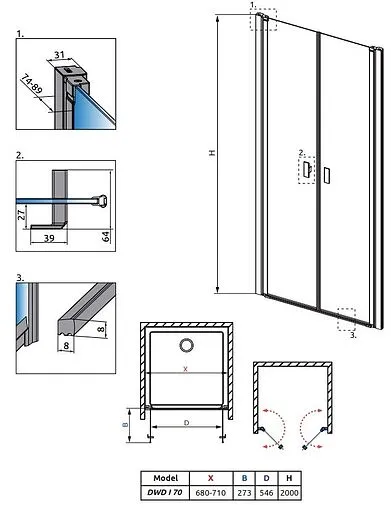 Дверь в нишу 700мм прозрачное стекло Radaway NES DWD I 70 10027070-01-01