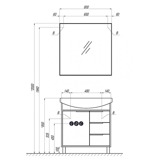 Тумба под умывальник напольная Aquaton Рико 80 белый/ясень фабрик 1A215401RIB90
