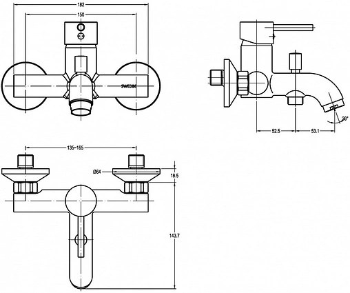 Смеситель для ванны Swedbe Jupiter хром 1530