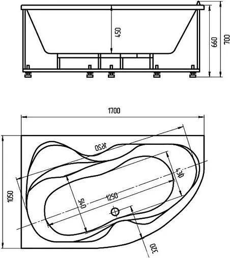 Ванна акриловая Aquatek Вега 170х105 L с фронтальной панелью с каркасом (разборный) VEG170-0000073
