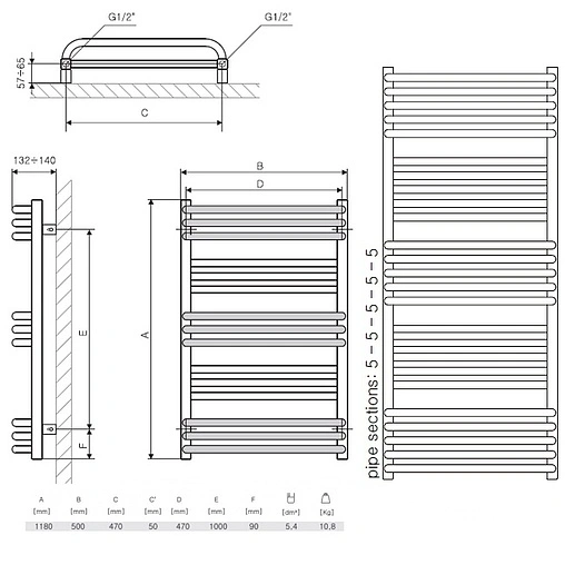 Полотенцесушитель электрический лесенка Terma Pola 1180x500 хром WLPAL118050 KCROE1Е8