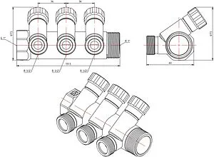 Коллектор регулирующий проходной 3 отвода 1&quot;в/н x ½&quot;к Valtec VTc.560.N.0603, 2