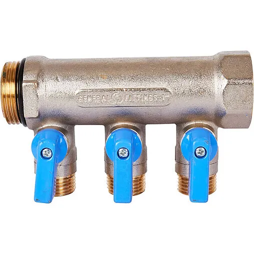 Коллектор запорный проходной 3 отвода синий 1&quot;в/н x ½&quot;н Stout SMB 6211 011203