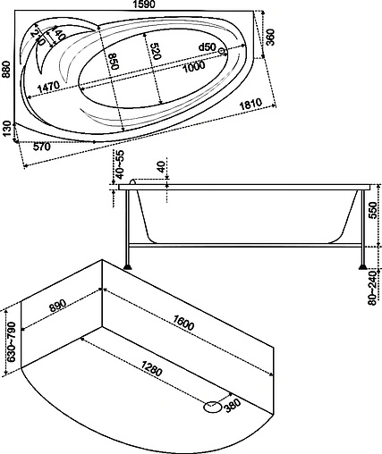 Ванна акриловая Bas Флорида 160x88 R В00039