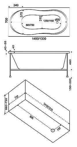 Ванна акриловая Bas Тесса 140x70 В00036