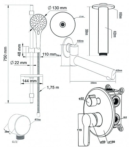 Душевая система со смесителем для ванны Swedbe Platta хром 5543