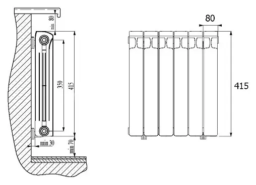 Радиатор биметаллический 8 секций нижнее левое подключение Rifar Monolit Ventil 350 RMVL35008
