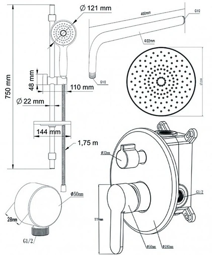Душевая система со смесителем для душа Swedbe Platta хром 5535