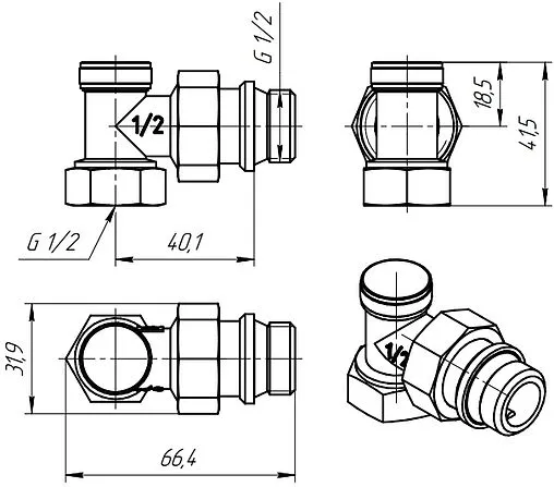 Вентиль запорный угловой ½&quot; в/н Valtec VT.019.N.04