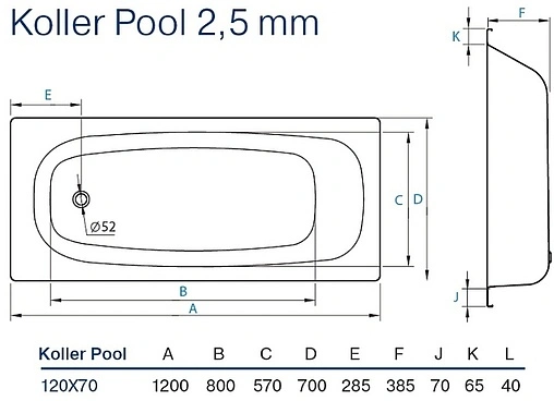 Ванна стальная Koller Pool 120х70E белый B20E1200E