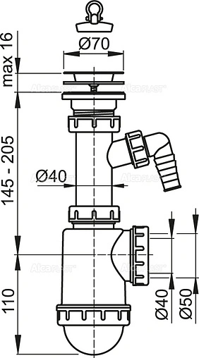 Сифон бутылочный для мойки AlcaPlast A441P-DN50/40