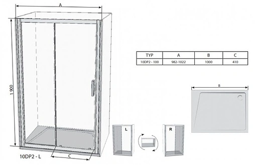 Дверь в нишу 1000мм прозрачное стекло Ravak 10° 10DP2-100 0ZVA0C00Z1