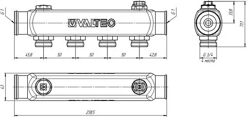Коллектор распределительный проходной 4 отвода 1&quot;в/в x ¾&quot;ек Valtec VTc.505.SS.060504
