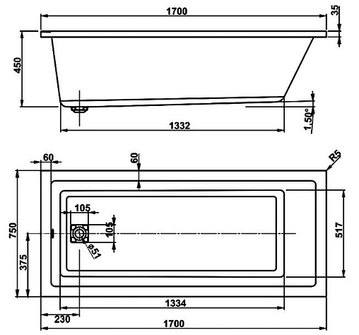 Ванна акриловая Vagnerplast Cavallo 170x75 VPBA170CAV2X-04