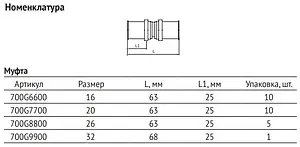 Муфта пресс соединительная 16мм x 16мм Uni-fitt 700G6600 Муфта пресс соединительная 16мм x 16мм Uni-fitt 700G6600, 2