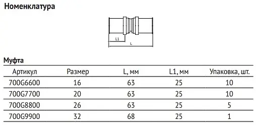 Муфта пресс соединительная 16мм x 16мм Uni-fitt 700G6600 Муфта пресс соединительная 16мм x 16мм Uni-fitt 700G6600