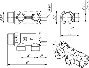 Коллектор распределительный проходной 2 отвода ¾"в/н x ½"к Valtec VTc.500.N.0502 Коллектор распределительный проходной 2 отвода ¾"в/н x ½"к Valtec VTc.500.N.0502, 2